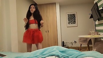 Stunning Lady In A Crimson Skirt And Without Panties Craves Christmas Present Of Intense Sex