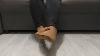 Monika'S Nylon Stockings Reveal Her Bare Legs After A Long Day