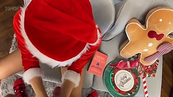 A European Beauty Delivers An Erotic Handjob, Wearing A Short Skirt, And Continues With A Sensual Santa-Themed Ball Play